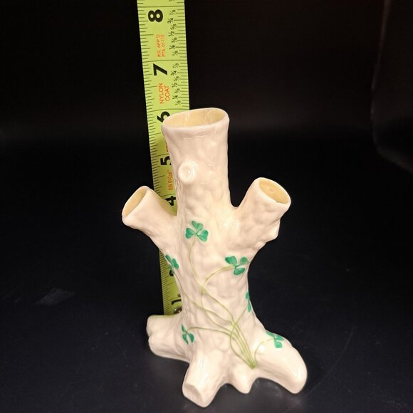 Belleek Irish Porcelain Shamrock Tree Stump Bud Vase Vintage Green Stamp - Picture 12 of 15